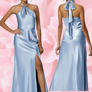 FORMAL PARTY AW BRIDAL 10 L Baby Blue Lawrence Satin Bridesmaid Maxi Dress B170